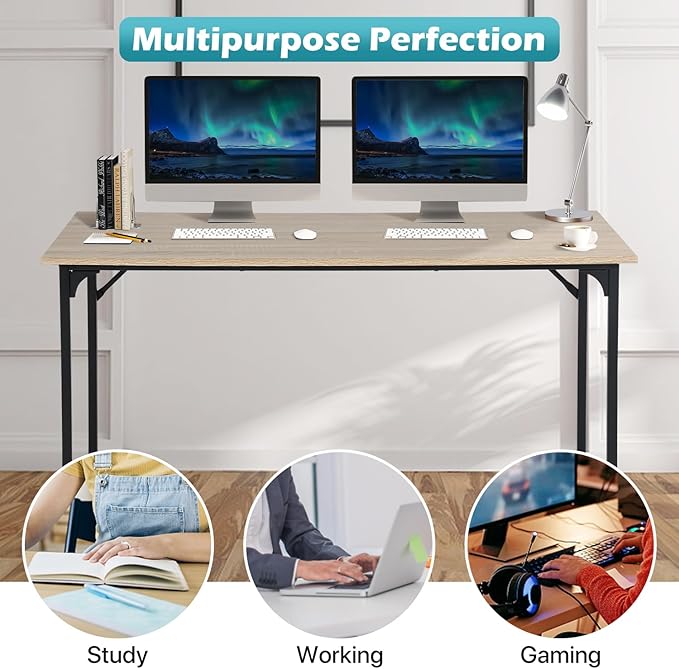 Dkelincs 47 Inch Computer Desk Home Office Desk Gaming Writing Desk Modern Simple Style Study Work Table with Metal Frame, Large Legroom, Adjustable Feet, Water-Resistant, Nature
