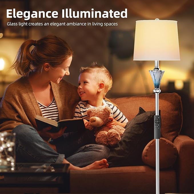 Blue Glass Floor Lamp, Smart Floor Lamps for Living Room, Modern Standing Lamps with Remote Control, Stepless Dimmable Colors Temperature & Brightness, Tall Floor Lamp For Bedroom Office, Home Decor