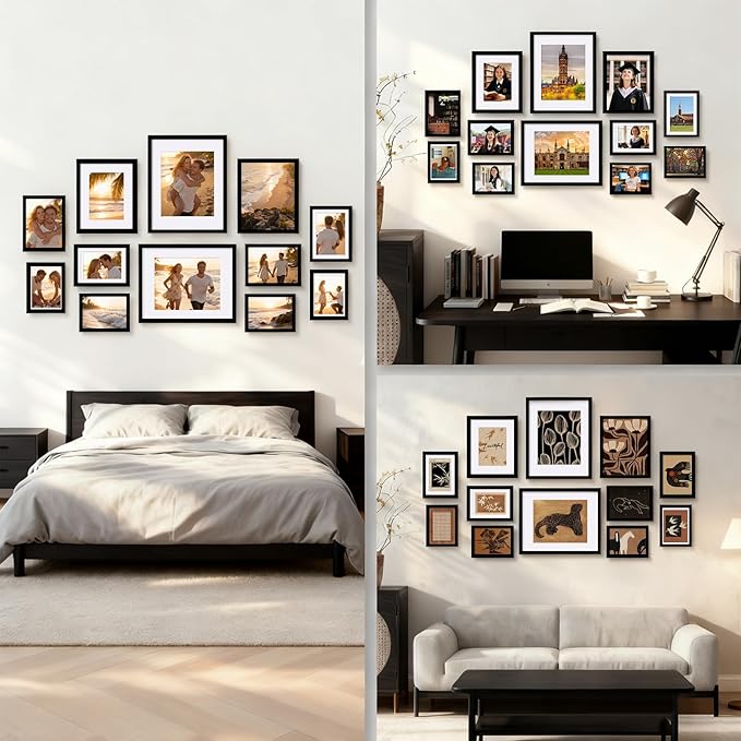 Egofine Picture Frame Set 12 Pack, Picture Frames Collage Wall Decor with Two 11x14, Two 8x10, Four 5x7, Four 4x6, Photo Frames for Wall and Tabletop, Made of Solid Wood, Covered by Plexiglass, Black