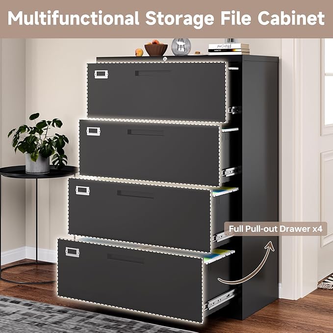 4 Drawer Lateral File Cabinet with Lock, Metal Filing Cabinets for Home Office, Wide Locking File Caninets, Black Office Storage Cabnet for Hanging Letter/Legal / A4 / F4 - Assembly Required