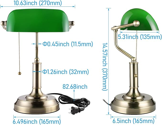 TORCHSTAR Green Glass Bankers Desk Lamp, Antique Desk Lamps with Brass Base, Traditional Library Lamp with Pull Chain, E26 Base, Vintage Desk Lamp for Office, Study Room