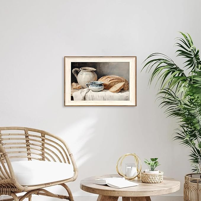 ASTRDECOR Framed Kitchen Wall Art, Modern Muted Still Life Painting Farmhouse Wall Decor, Sourdough Bread Canvas Art Prints, Rustic Jars White Tablecloth Country Wall Decor Living Room-16''x 24''