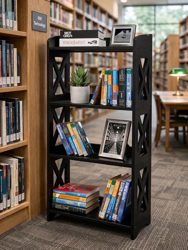 Black Bookcase by Natural Wood, 4 Tier Bookshelf, Small Book Shelves Freestanding Display Storage Shelves. Open Bookshelf for Bedroom, Living Room and Office (Black, 4 Tier)