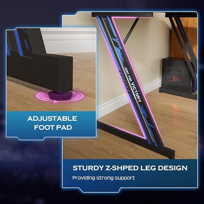 PayLessHere | 39" Gaming Table | Blue | Z-Shaped Computer Desk with Steel Frame, Headphone Hook, Adjustable Feet | Carbon Fiber Texture Surface, Sweat & Waterproof | for Gaming, Home Office