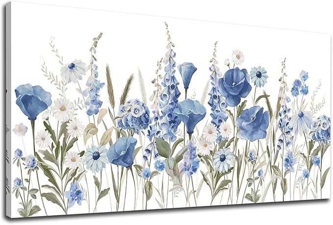 arteWOODS Elegant Flowers Wall Art - Blue White Botanical Pictures for Wall Decor Floral Blossom Canvas Painting Print Artwork for Living Room Bedroom Home Office Wall Decoration 29" x 58"
