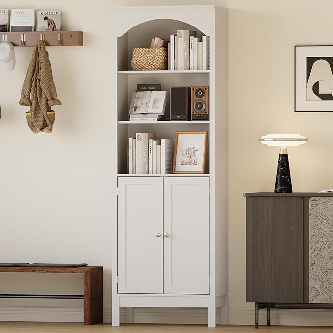 71" H Tall Bookshelf with Doors, Farmhouse Book Shelf with 3-Tier Open Shelves, Wooden Bookcase with Storage Cabinet, Freestanding Display Bookshelves for Bedroom, Living Room, White