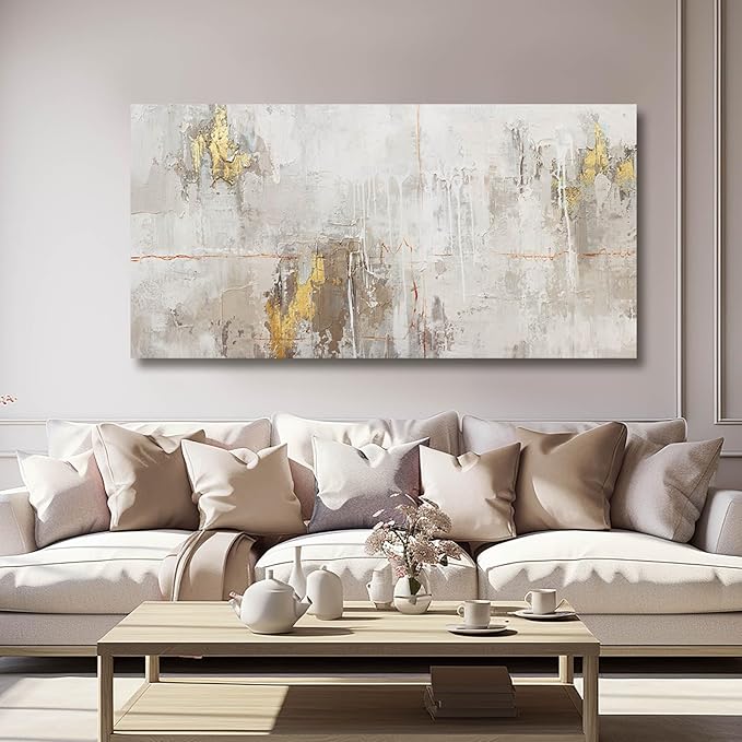 VAYIMDH White Abstract Artwork Home Decor Textured Wall Art for Office Master Bedroom Wall Decor Gold Painting for Walls 24x48 Inch Living Room Picture