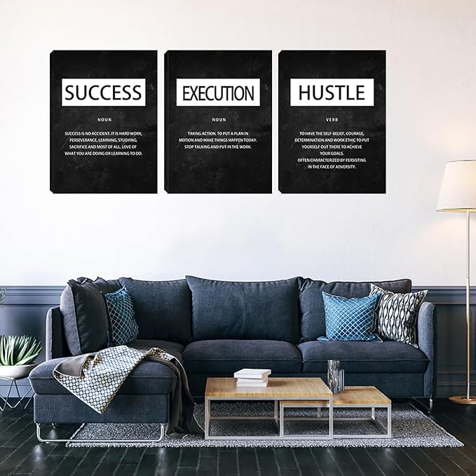 Unbruvo Motivational Canvas Wall Art - 3 Panel Inspirational Quotes Wall Decor, Hustle Success Office Decor, Positive Saying Poster for Living Room, Bedroom, Classroom(48x24 inch)
