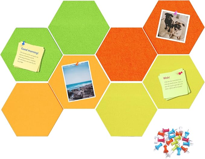 8 Pack Hexagon Felt Bulletin Board Tiles - 11.8" Large Thick Pin Board for Walls with 30 Push Pins, DIY Boards for Office Home School Decor, Aesthetic Hex Cork Board Alternative