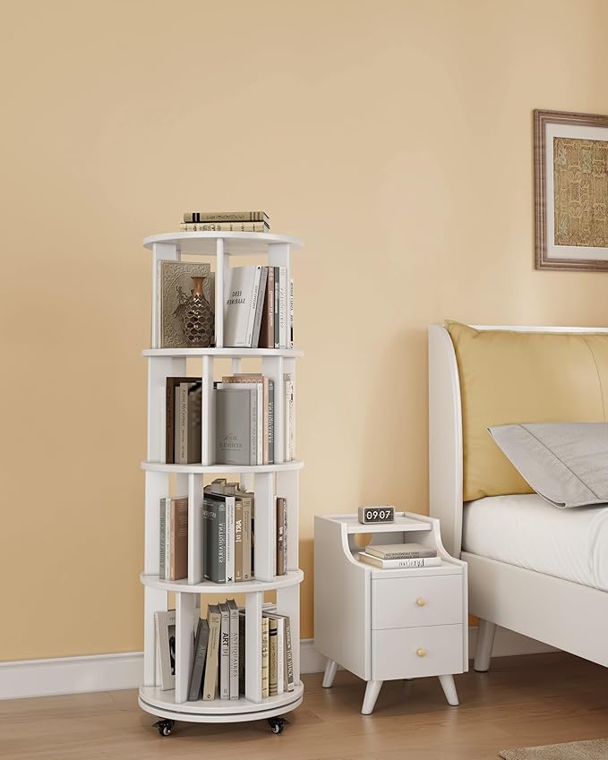 Rotating Bookshelf, 4 Tier Solid Wood Bookshelf Tower with Lockable Wheels, 360° Spinning Revolving Bookcase for Small Spaces, Corners, Bedroom, Kids Room, Home Office, White