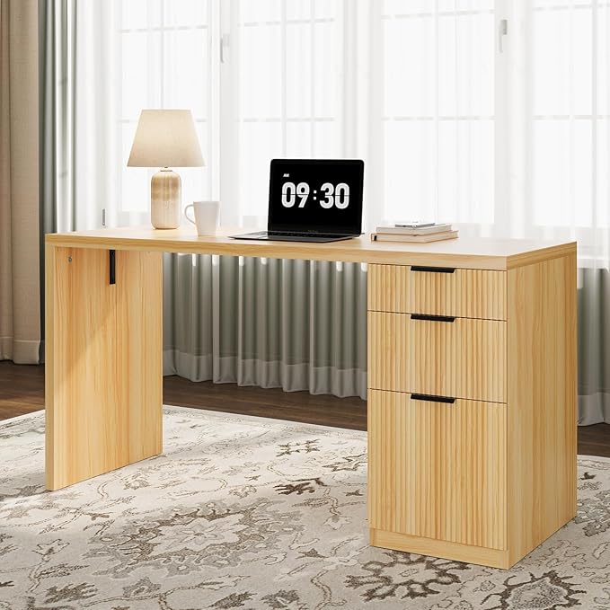 FURSUN 58" Home Office Desk with Power Outlet & File Cabinet, Modern Fluted Executive Desk with 3 Storage Drawers, Large Computer Workstation for Study & Bedroom, Oak