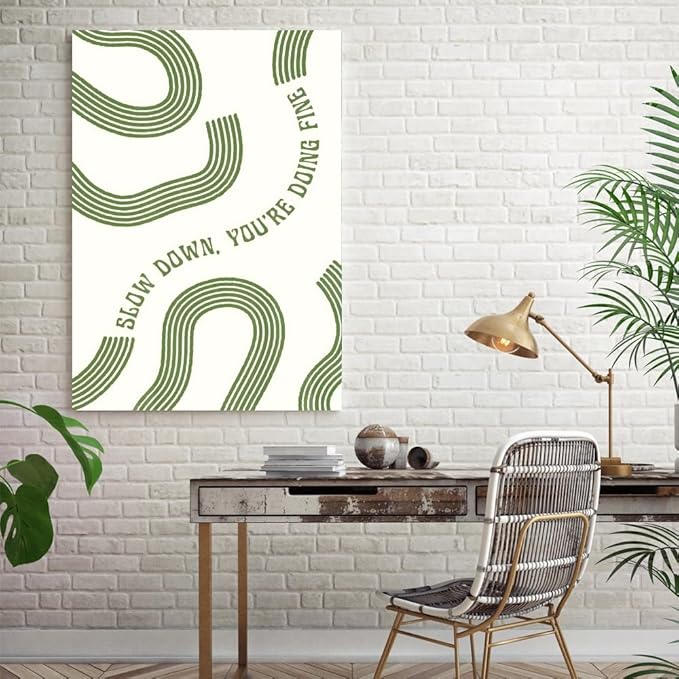 Balsuka Slow Down You’re Doing Fine Wall Art Retro Minimalist Motivational Quote Music Poster Inspirational Midcentury Song Lyrics Sage Green Canvas Prints for Bedroom Home Decor 12x16inch Unframed