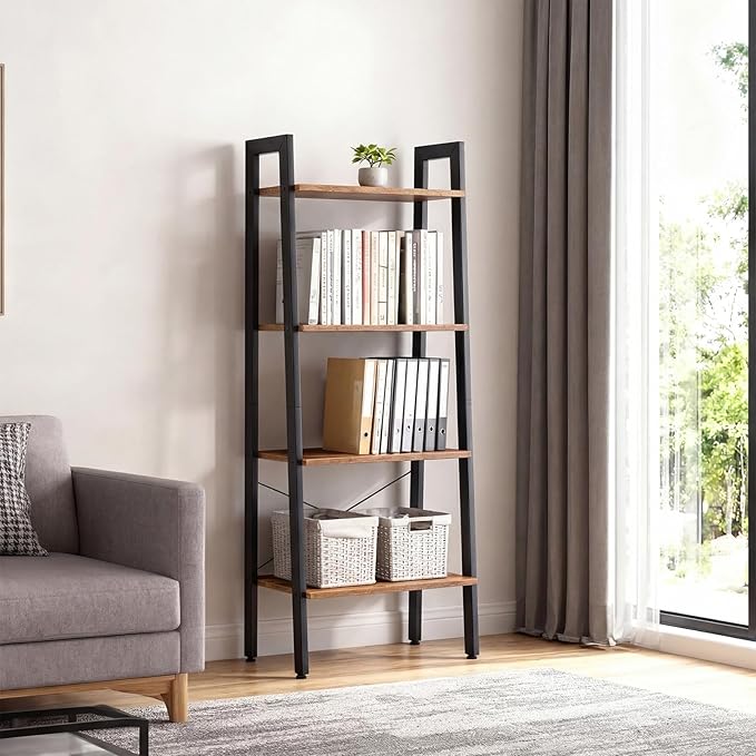 DUMOS Ladder Shelf, 4-Tier Display Bookshelf, Industrial Style Storage Standing Shelf, Decorative Shelves with Stable Frame for Living Room, Bedroom, Office, Kitchen, Bathroom, Brown