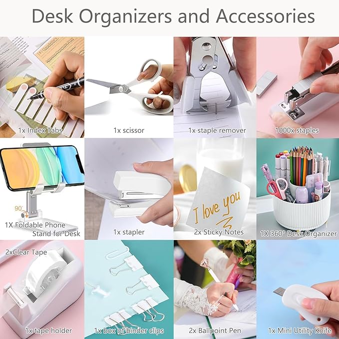 Office Supplies,Desk Accessories,with Stapler,Tape Dispenser,Staple Remover,Scissor,Ballpoint Pen,Sticky Notes,Clear Tape,Staples,Desk Organizer,Phone Stand,Binder,Index Tabs,Best Gift Set(White)