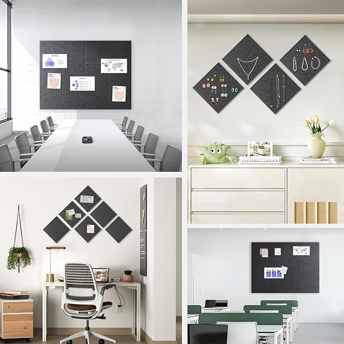 Large Cork Board for Office Wall Decor,36"x24"-6 Pack Felt Wall Tiles with Safe Removable Adhesive Tabs, Thicker 0.47in, Felt Bulletin Board Pin Board Cork Boards for Walls - Dark Gray
