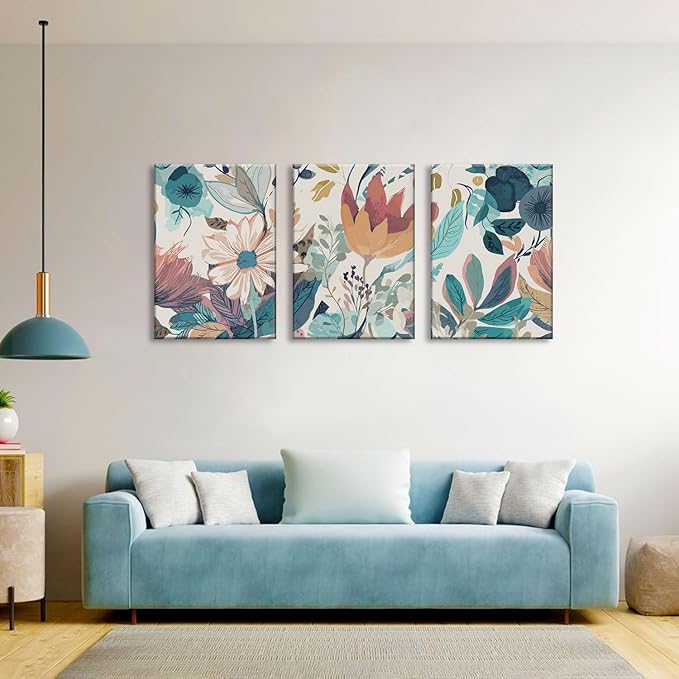 TUEASKY 3 Piece Canvas Wall Art Flower Wall Decor Botanical Pictures Floral Paintings Watercolor Prints Boho Artwork for Bedroom Bathroom Living Room