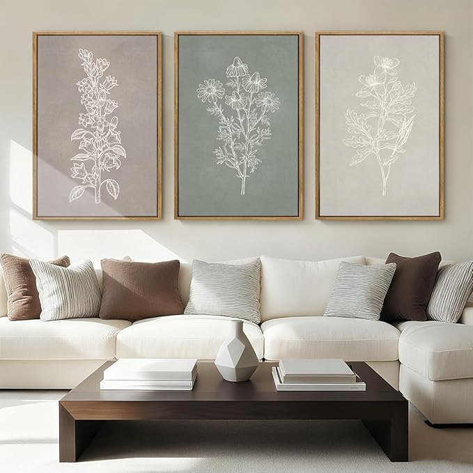 ANHUIB Neutral Botanical Wall Art, Rustic Farmhouse Floral Paintings,Vintage Minimalist Boho Flower Wall Decor 16x24 Inch Plants Set of 3 for Living Room Bedroom