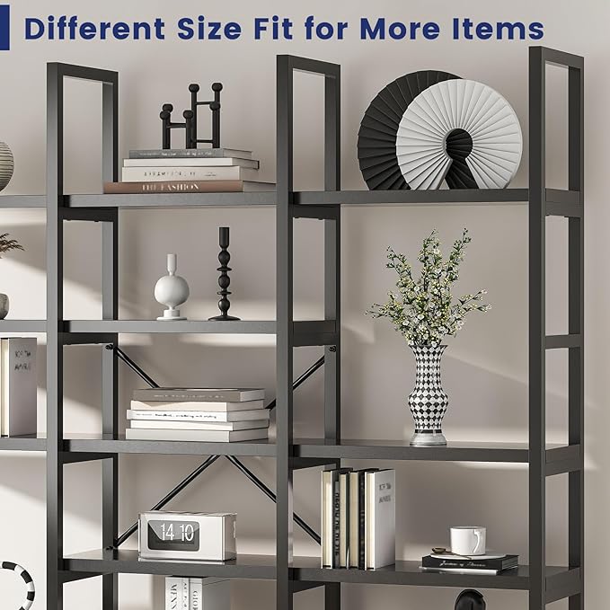 Jehiatek Large Bookshelf 5 Tiers, Triple Wide Geometric Bookcase, 71 Inches Tall Industrial Book Shelves Etagere Book Case, Sturdy Metal Frame, Freestanding Display Shelving Unit, Black
