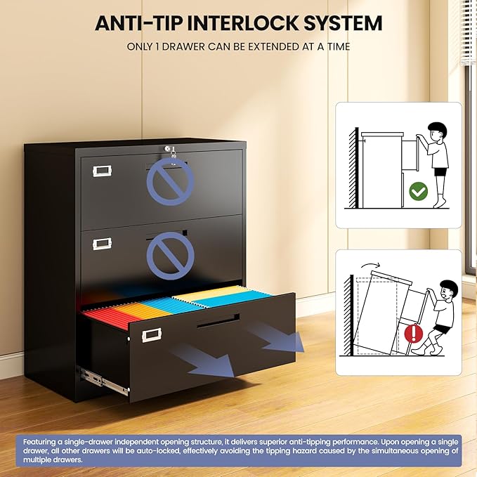 Metal 3 Drawer Lateral File Cabinet with Lock, Wide&Deep Black Filing Cabinet for Letter/Legal/F4/A4 Hanging Files, Includes Business Card Holder, Home Office School Storage