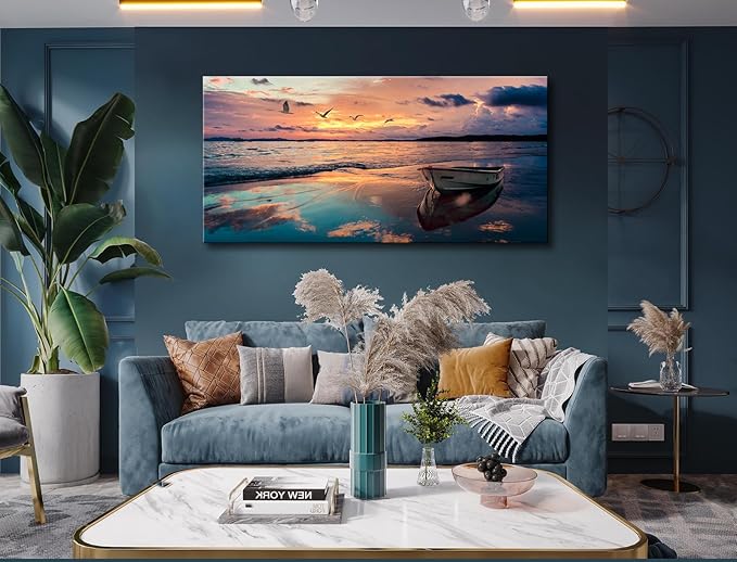 OKEXCKK Beach Large Canvas Wall Art Picture for Living Room - Sunset Ocean Landscape Painting Print Decor Coastal Wall Decor Seascape Artwork Poster for Bedroom Kitchen Decoration - 24"x48"