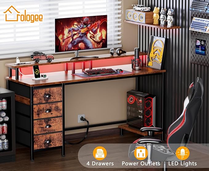 Furologee Computer Desk with Power Outlets & LED Lights, 55 Inch Reversible Gaming Desk with Full Monitor Stand, Home Office Table with 4 Fabric Drawers, Study Table for Bedroom, Rustic Brown