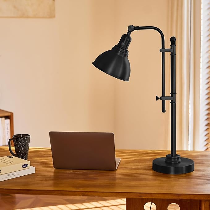 VONLUCE Rustic Desk Lamp Black Adjustable, Industrial Style Metal Task Lamps 25"-29", Vintage Work Light, Farmhouse Reading Lamp in Black Finish, ETL Certificate