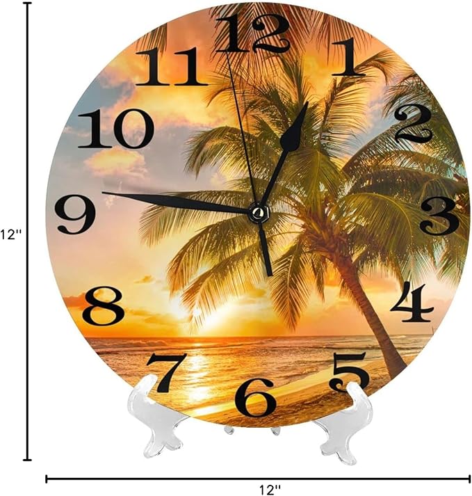 Palm Tree and Tropical Beach Wall Clock Battery Operated Silent Round Clock Sunset Over The sea Wall Decor for Home Office School, 12 Inch