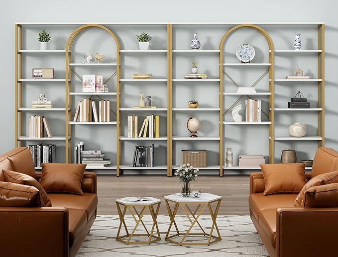 Auromie Triple Wide Gold Bookshelf, 70.87" W x 71.34" H Large Modern Etagere Bookcase, Tall Display Shelf with 13-Tier Open Shelves, Freestanding Staggered Storage Shelf for Home Office, White/Gold