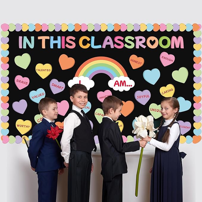 Spring April Bulletin Board Decoration Set Motivational Affirmation Station Classroom Decorations Inspirational Rainbow Heart Paper Cutouts for Kids Back to School Chalkboard Wall Door Decor