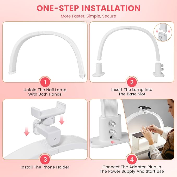 Half Moon Light for Nail Desk: 18.5" Half Moon Nail Tech Light with Phone Holder -Shadow-Free Arch Nail Table Lamp with with 3 Color Modes & 10 Brightness for Manicure Salon (White, 18inch)