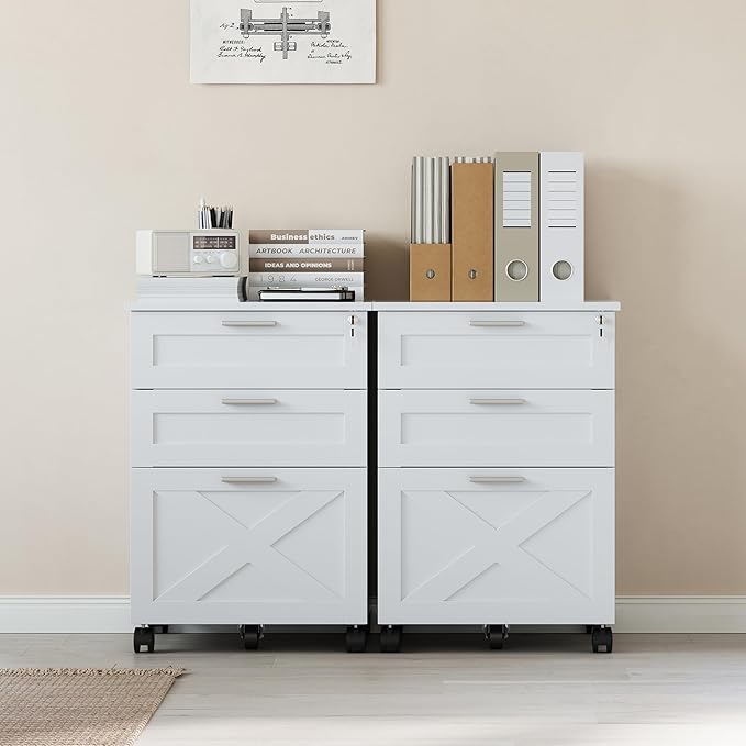 3-Drawer Rolling File Cabinet with Lock - Wooden Mobile Filing Cabinet for Home Office, Under Desk Storage Organizer fits Letter/A4/Legal Size, Sturdy Printer Stand with Locking Casters, White