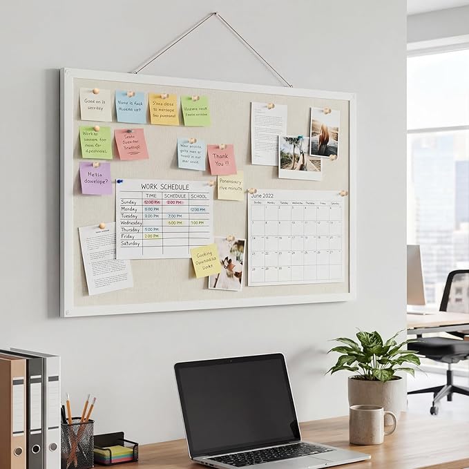 Cork Board with Linen, 30" x 20" Double-Sided Bulletin Board Corkboard for Wall Picture Display Framed Vision Boards for Home Office School Pin Boards with 20 Pushpins &10 Clips