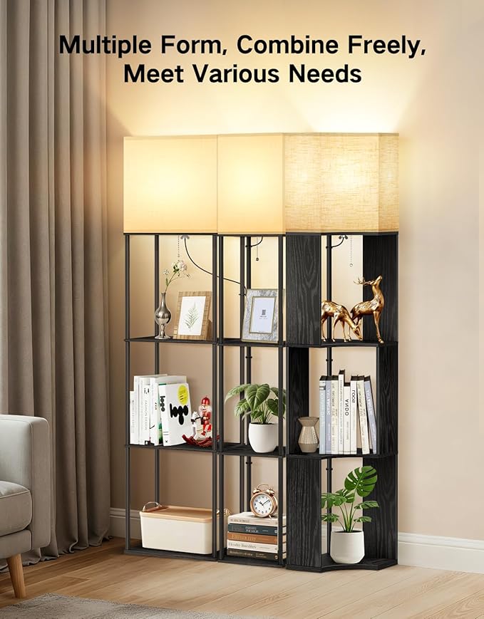 OUTON Floor Lamp with Shelves, Modern Large Size Rectangle Standing Shelf Lamp with 3 Color Temperature Bulb, Storage Display Wood Column Tall Bookshelf Lamp for Living Room, Bedroom Office, Black