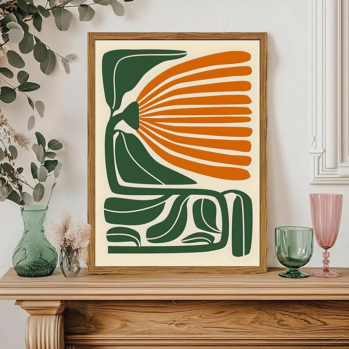 Framed Boho Floral Wall Art, Mid Century Modern Flower Canvas Wall Decor Pictures, Green and Orange Abstract Botanical Paintings Poster Prints Eclectic Home Decor for Living Room Bedroom 16x24 inch