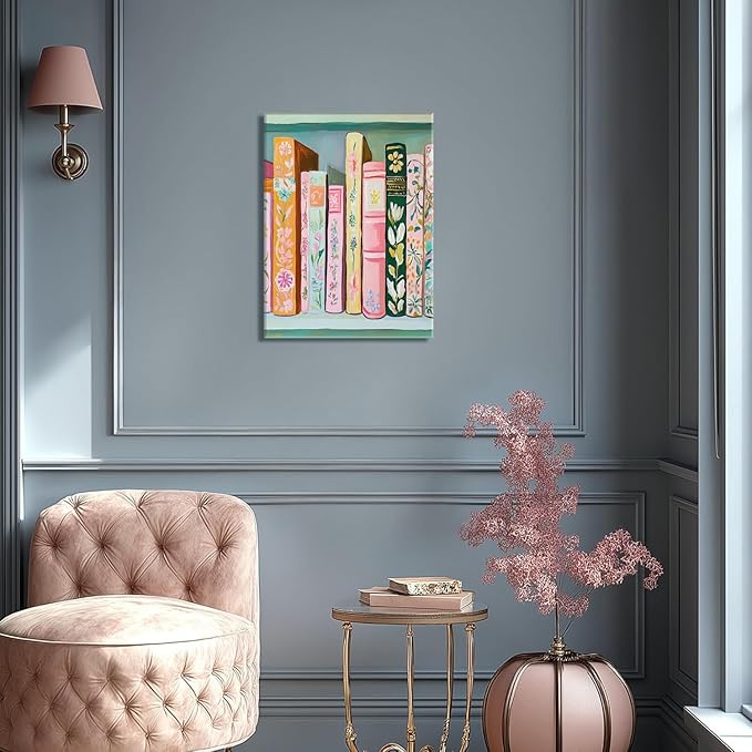 Book Wall Art Vintage Flower Books Canvas Wall Decor Pastel Bookshelf Artwork Painting Pictures Colorful Book Stack Posters Prints for Living Room Bedroom Reading Nook 12x16 Inch Framed