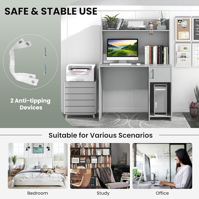 Tangkula Computer Desk with Hutch, Home Office Desk with Raised Display Shelf & 2 Open Shelves, Cabinet with Door, Cable Management Holes, Modern Laptop PC Desk, Study Writing Desk for Bedroom (Gray)