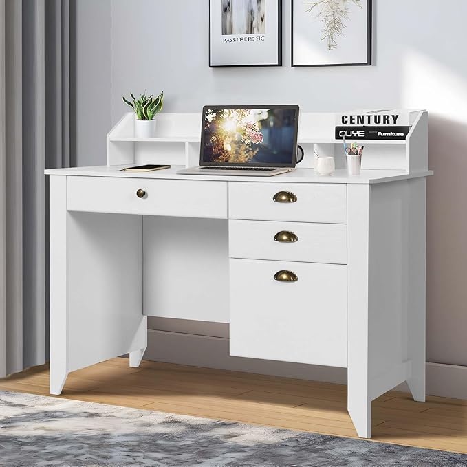 Catrimown Computer Desk with Drawers and Hutch, 47 Inch Home Office Desk with File Drawers, Student Girls Desks, Teens Writing Table with Hutch, Small Desk with Drawer for Bedroom, White