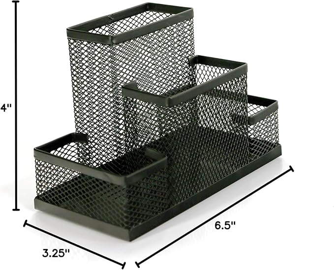 Huron Pen Holder and Desk Organizer Caddy, 4 Compartment Storage for Pencils Pens Sticky Notes Office Desk Accessories for Home Office,Black Steel Mesh (1/4/24/96) (1 pc)