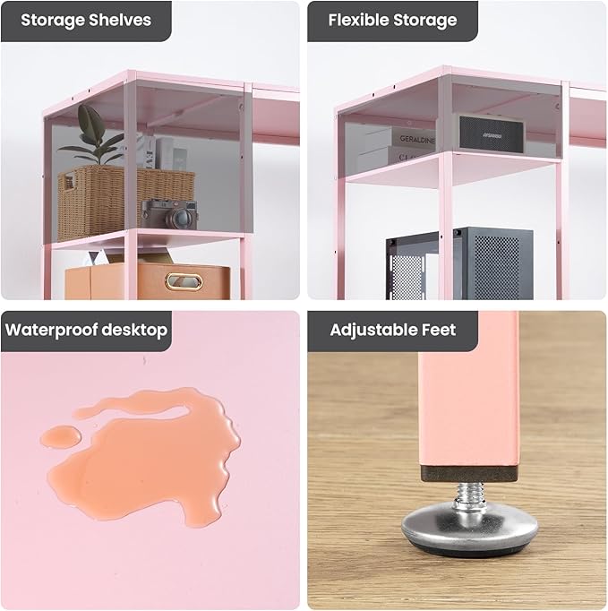 Computer Desk 55-inch with Storage Shelf - Pink Ideal Gaming Desk for Bedrooms, Small Spaces, and Home Offices Modern Writing Desk for PCs.