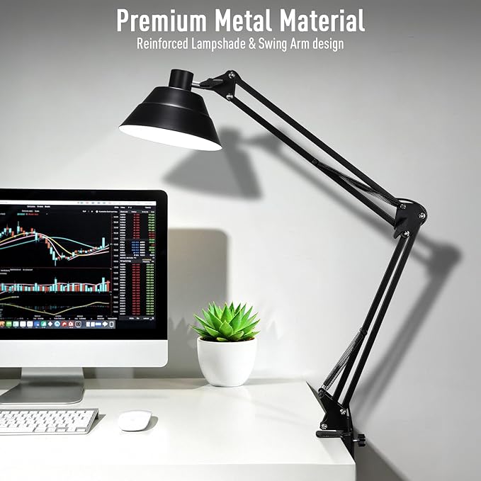 Led Desk Lamp for Home Office - Swing Arm Desk Lamp with Clamp - Architect Adjustable Gooseneck Table Lamp with 5 Color Modes & 10 Brightness for Reading Working Drafting (Black)