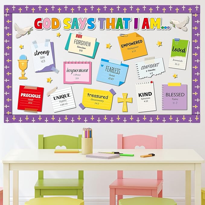gisgfim Christian Bulletin Board Decorations God Says That I Am Religious Paper Cutouts Inspirational Quotes Classroom Wall Decor Bulletin Board Set for VBS Sunday School Church Bible Door Supplies