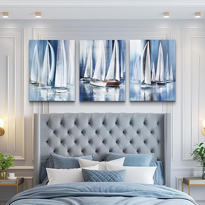 3 Piece Framed Canvas Wall Art For Living Room Bathroom Bedroom Wall Art Decor Ocean Landscape Sailboat Abstract Canvas Painting Ready To Hang Office Home Decoration Sea Poster Pictures Wall Artworks