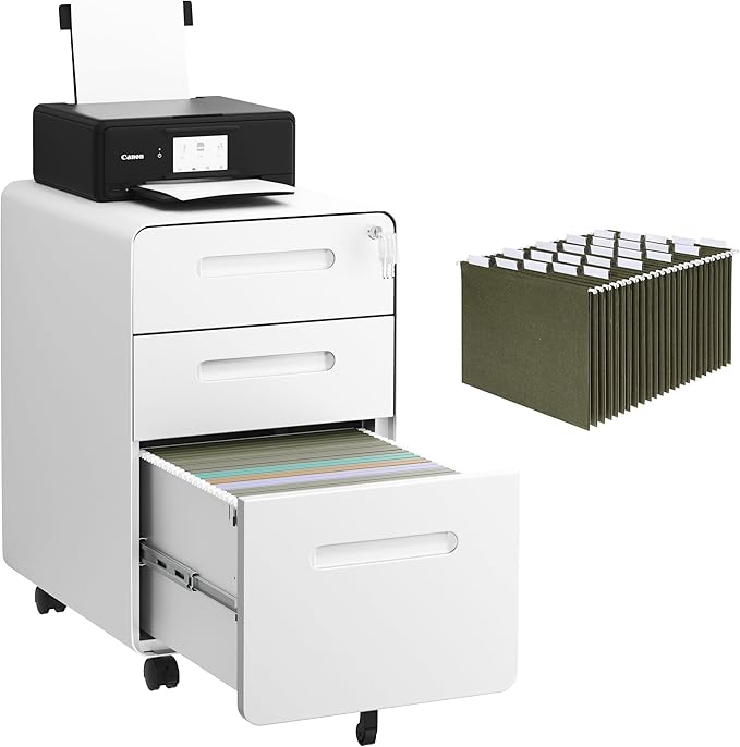 3 Drawers File Cabinet, Mobile Filing Cabinet with Lock, with 25 File Folders, Steel, Fully Assembled Except Casters, for Home Office, White