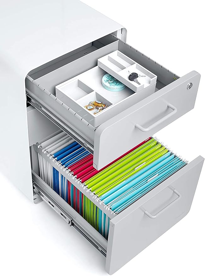 Poppin Stow 3-Drawer Rolling File Cabinet - White and Light Gray. Utility and Hanging File Drawers. Locking and Non-Locking Wheels. Powder-Coated Steel. Two Keys Included