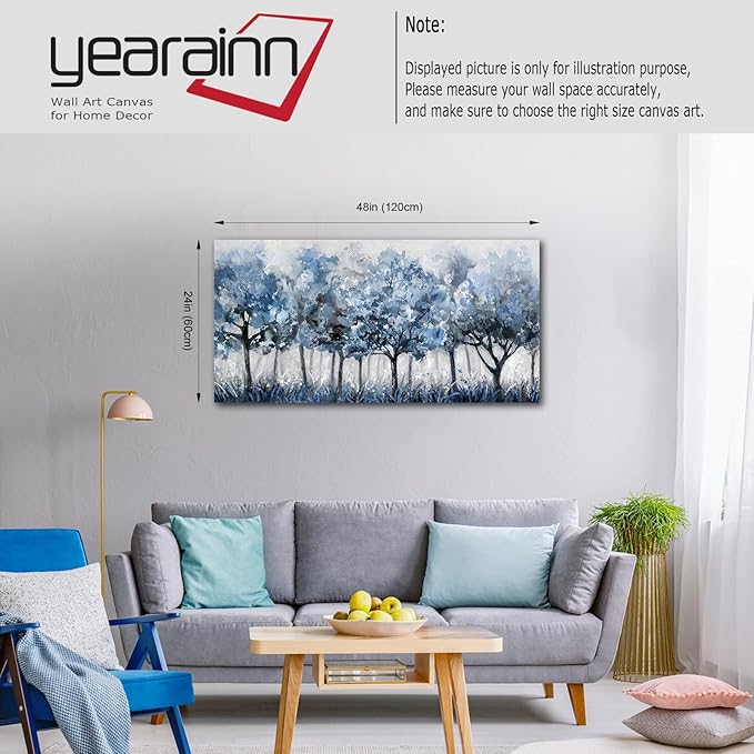 yearainn Abstract Forest Canvas Wall Art - Blue Trees Pictures Navy Botanical Painting Wall Decor Minimalist Modern Printing Artwork for Living Room Bedroom Home Office Decorations 24" x 48"