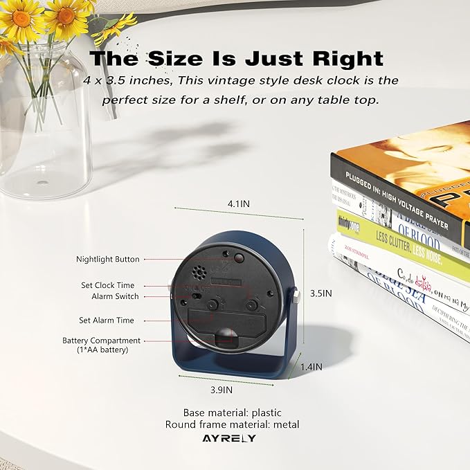 AYRELY® 3.5 Inch Small Analog Alarm Clocks,Battery Operated Desk Clock,Cute Table Clock with Light,Adjustable Angle for Travel,Bedside,Bedroom,Kids,Living Room Decor(Navy Blue)