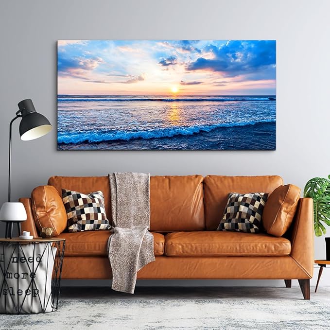 hyidecorart Ocean Wall Art for Living Room, Blue Wave and Large Coastal Beach Canvas Wall-Decor for Bedroom,Large Blue Artwork for Walls Gold Sun Scenery Pictures for Hallway Office Kitchen 30" x 60"
