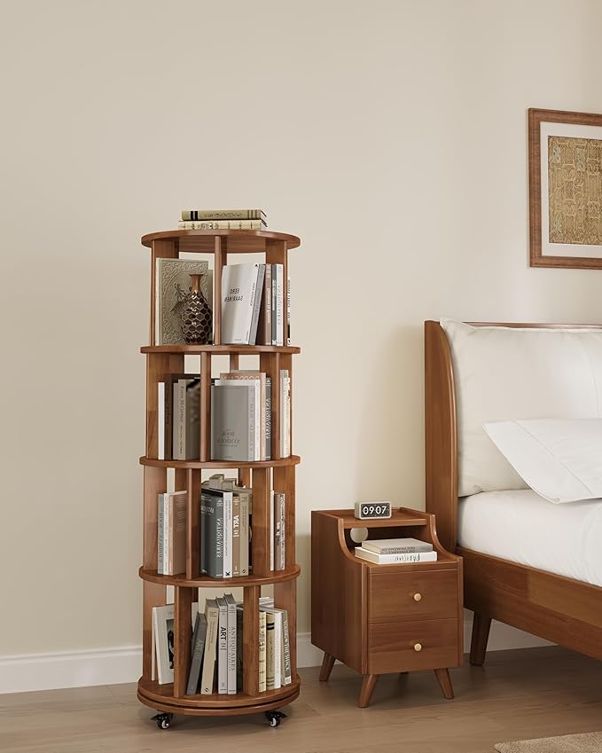 Rotating Bookshelf, 4 Tier Solid Wood Bookshelf Tower with Lockable Wheels, 360° Spinning Revolving Bookcase for Small Spaces, Corners, Bedroom, Kids Room, Home Office, Walnut