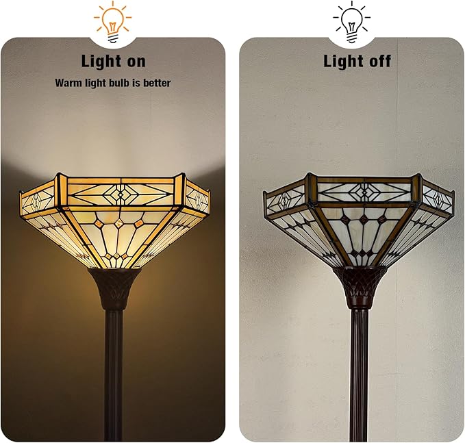 Capulina Tiffany Lamp Stained Glass Torchiere Floor Lamp 70 Inches Tall Industrial Bronze Pole Cream Hexagon Tiffany Style Standing Floor Lamp for Home Office Living Room Bedroom