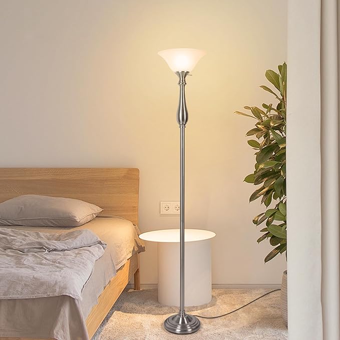 HonoDing Torchiere Floor Lamp for Living Room, Standing Lamp with White Alabaster Glass Shade, Iron Brushed Nickel Floor Lamps, Corner Lamps for Bedroom, Office, Reading